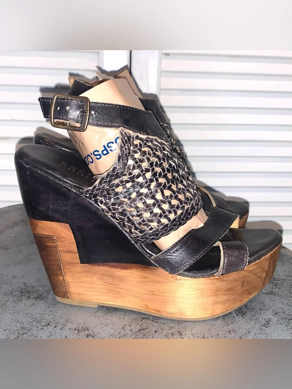 Bed Stu Petra Black Woven Leather Platform Wedge Sandals Boho Wood Heel 7